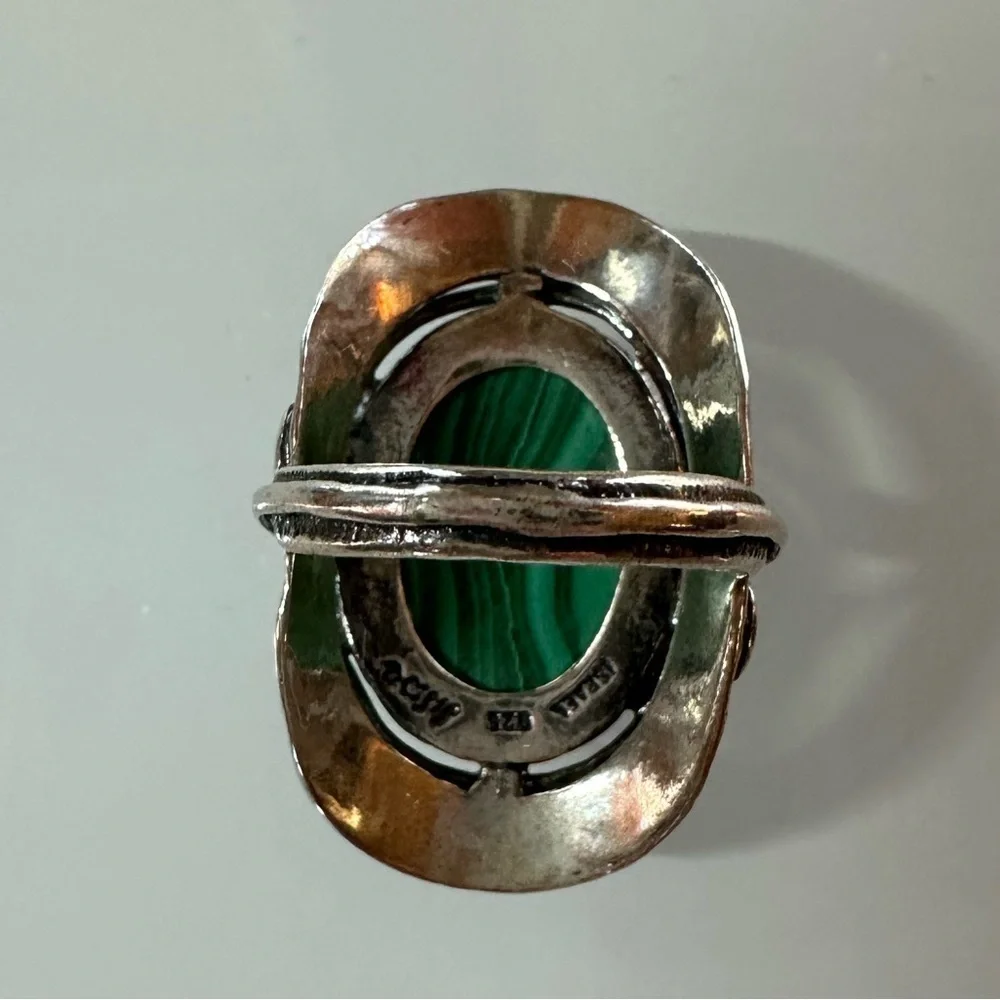 Passage Israel Signed 925 Sterling Silver Malachite Boho Statement Ring Size 6